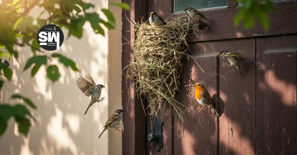 Why Birds Love Your Front Door Wreath for Nesting? 2 birds building nest on front door wreath
