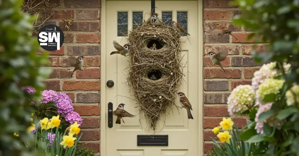 Why Birds Love Your Front Door Wreath for Nesting? 3 birds building nest on front door wreath