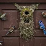 birds building nest on front door wreath
