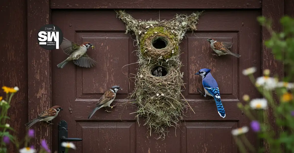 birds building nest on front door wreath